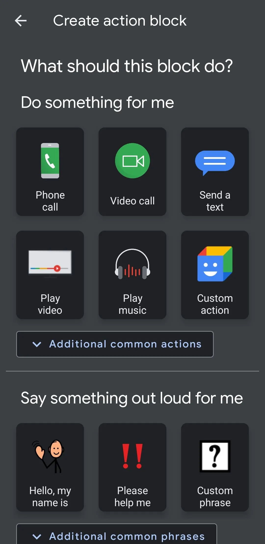 Giao diện ứng dụng Action Blocks của Google trên Android, cho phép tạo phím tắt nhanh các lệnh Google Assistant.