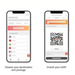 Giao diện ứng dụng Airalo eSIM trên điện thoại, hiển thị các gói cước dữ liệu di động cho du lịch quốc tế.
