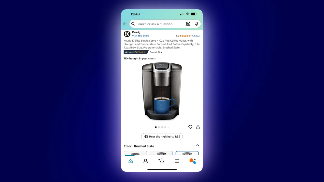 Giao diện ứng dụng Amazon hiển thị tính năng 'Hear the highlights' (Nghe tóm tắt nổi bật) sử dụng AI