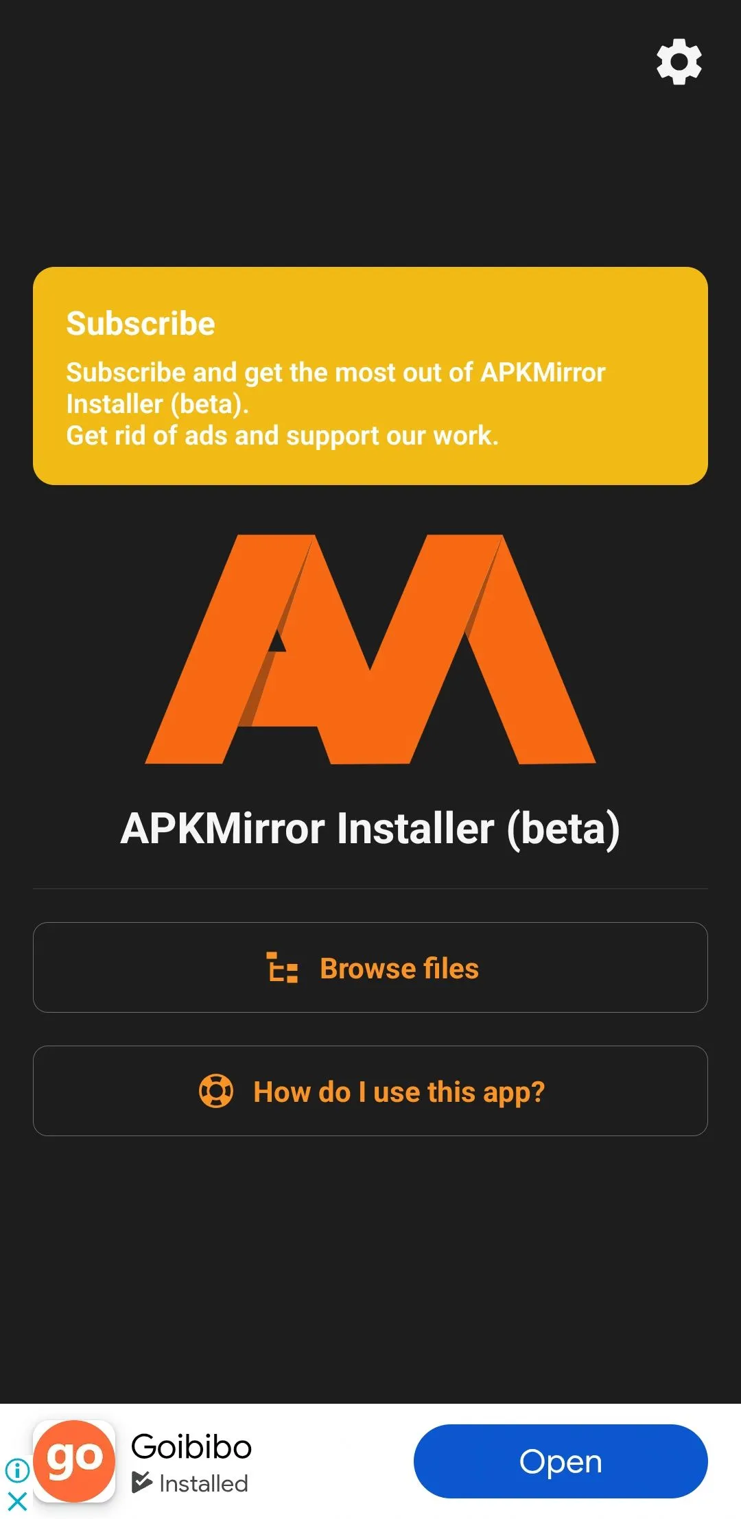 Giao diện ứng dụng APKMirror Installer trên điện thoại Android, hỗ trợ cài đặt các gói APK.