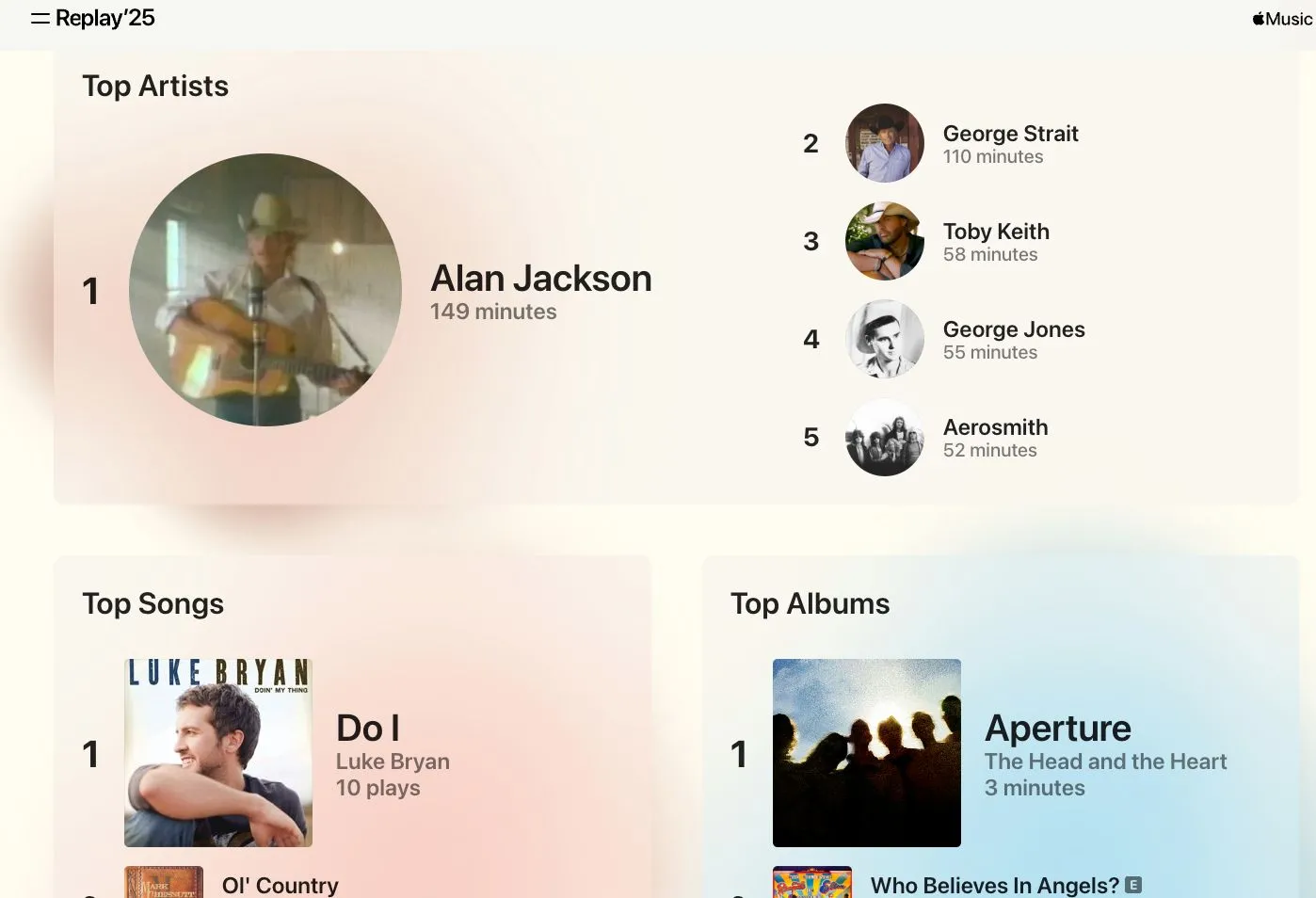 Giao diện ứng dụng Apple Music hiển thị danh sách phát Replay hàng tháng, tổng hợp các bài hát được nghe nhiều nhất.