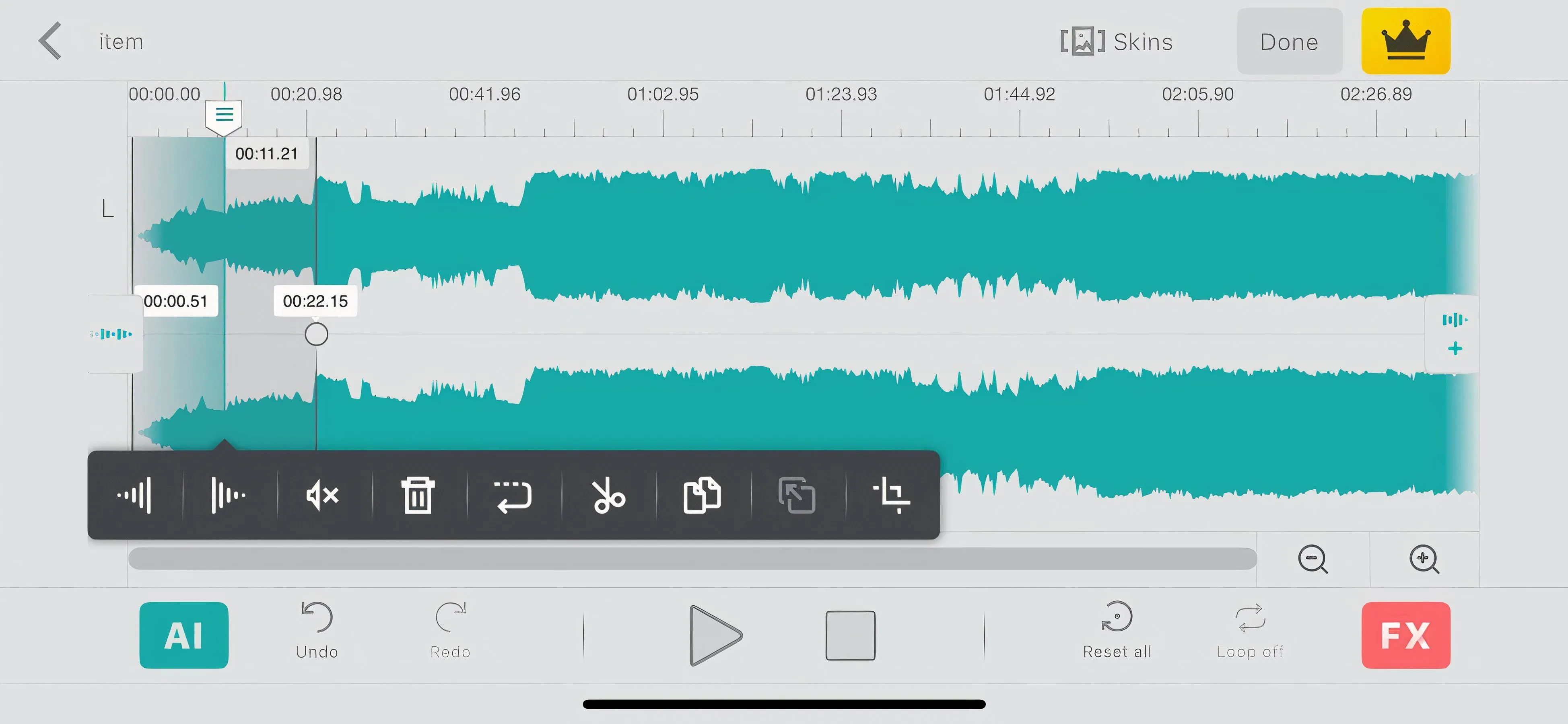 Giao diện ứng dụng Audio Editor Tool trên iPhone hiển thị các biểu tượng Fade In và Fade Out