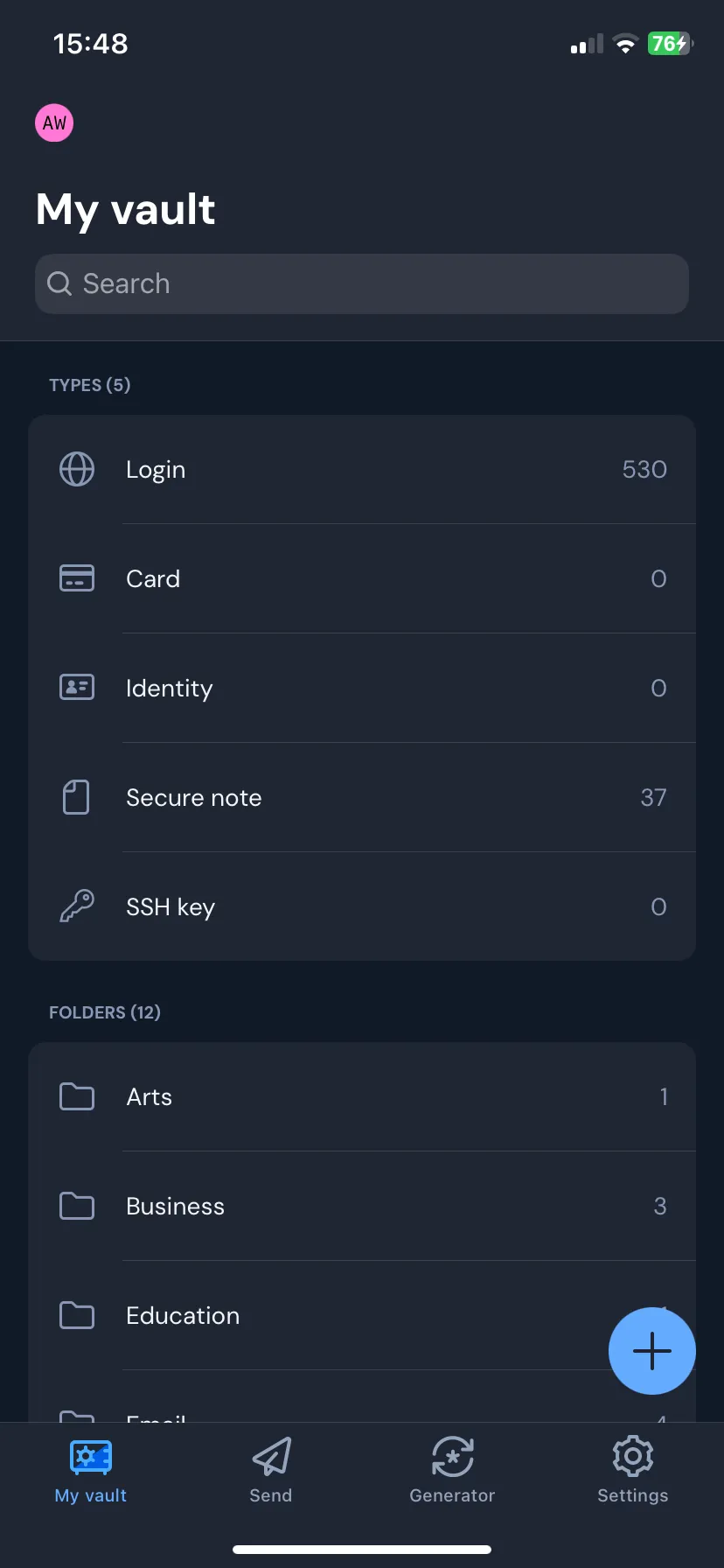 Giao diện ứng dụng Bitwarden trên iOS hiển thị tab Home để tạo Ghi chú Bảo mật mới