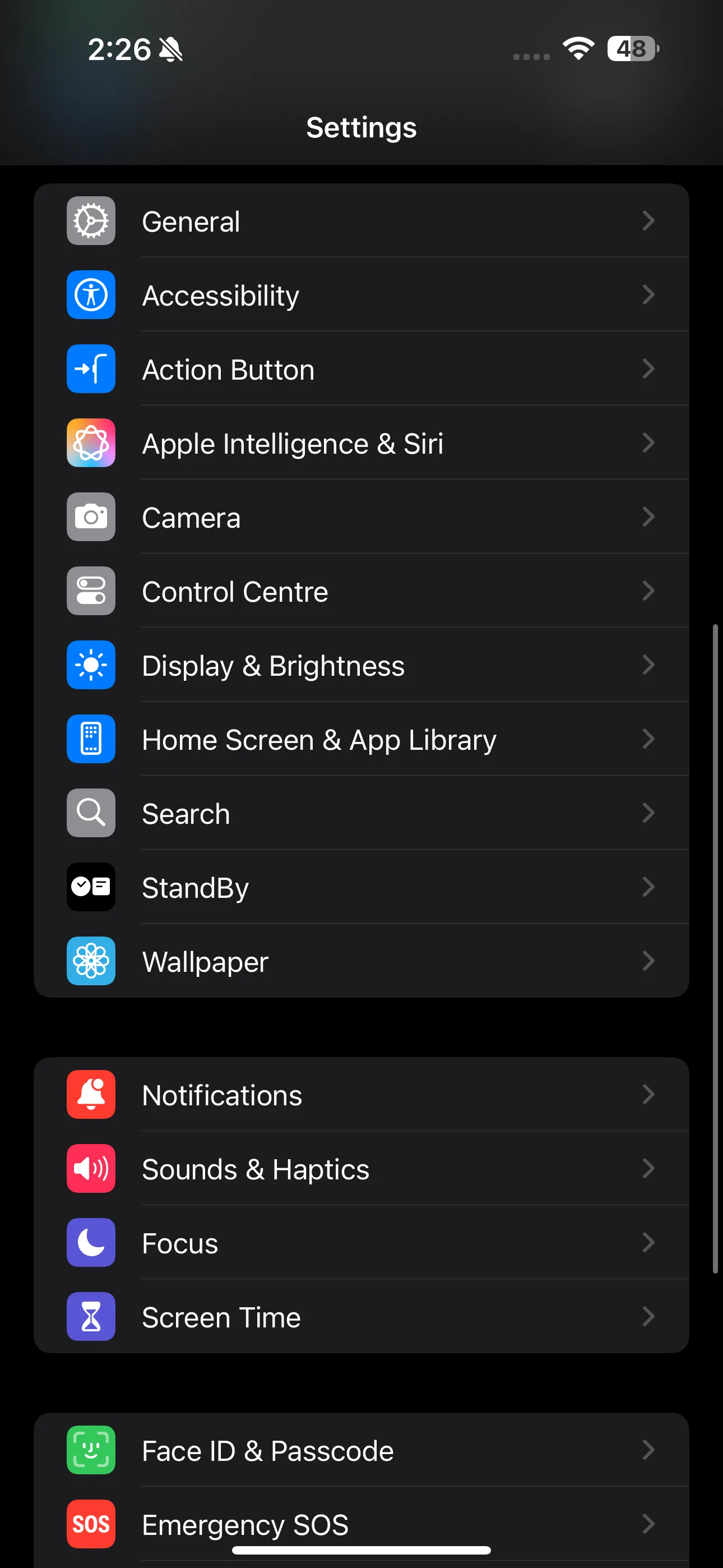 Giao diện ứng dụng Cài đặt (Settings) trên iPhone, minh họa đường dẫn để truy cập tính năng Thời gian nghỉ (Downtime).