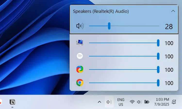 Giao diện ứng dụng EarTrumpet hiển thị thanh trộn âm lượng cho từng ứng dụng riêng biệt trên Windows 11, thay thế trình điều khiển mặc định.