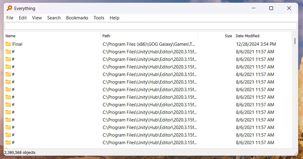 Giao diện ứng dụng Everything, công cụ tìm kiếm file tức thì trên Windows