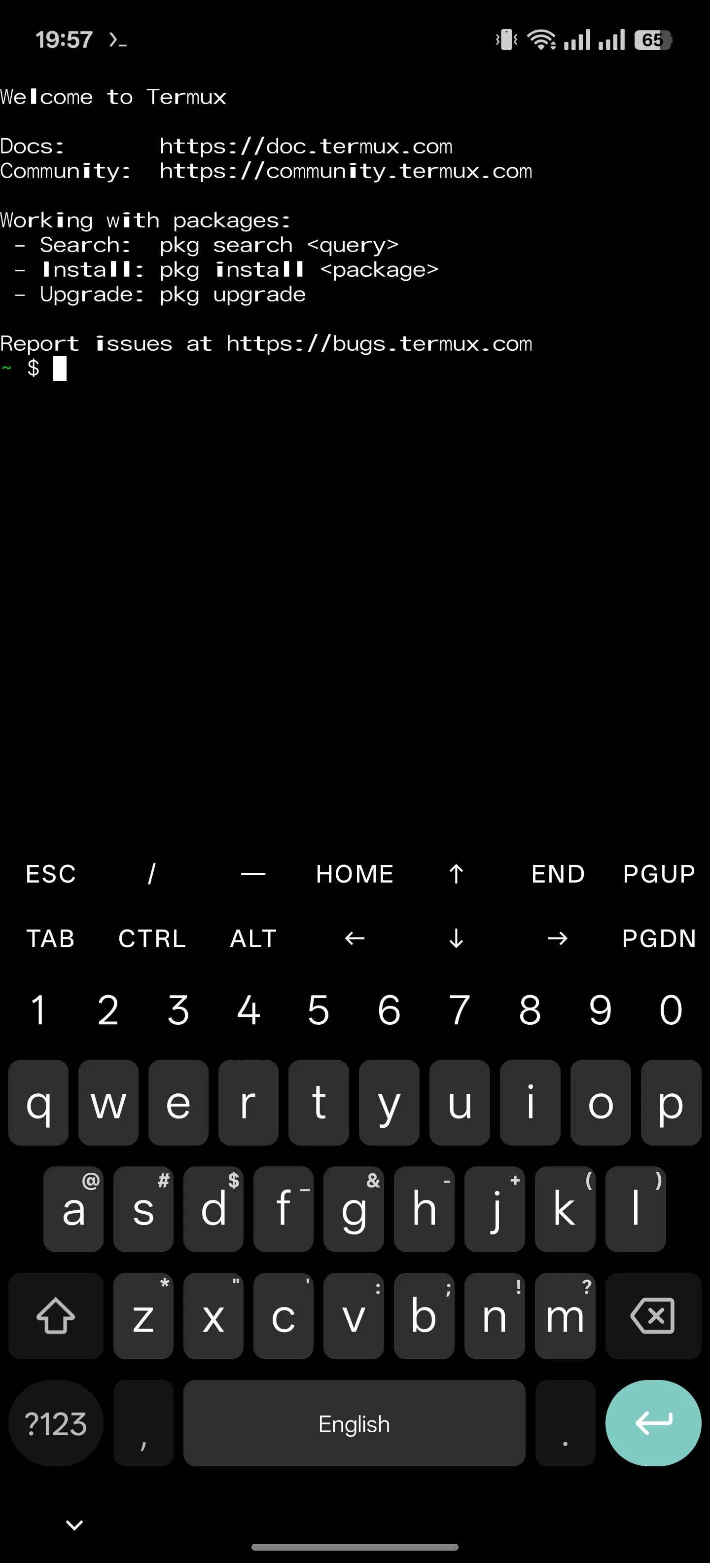 Giao diện ứng dụng giả lập terminal Termux trên điện thoại Android.