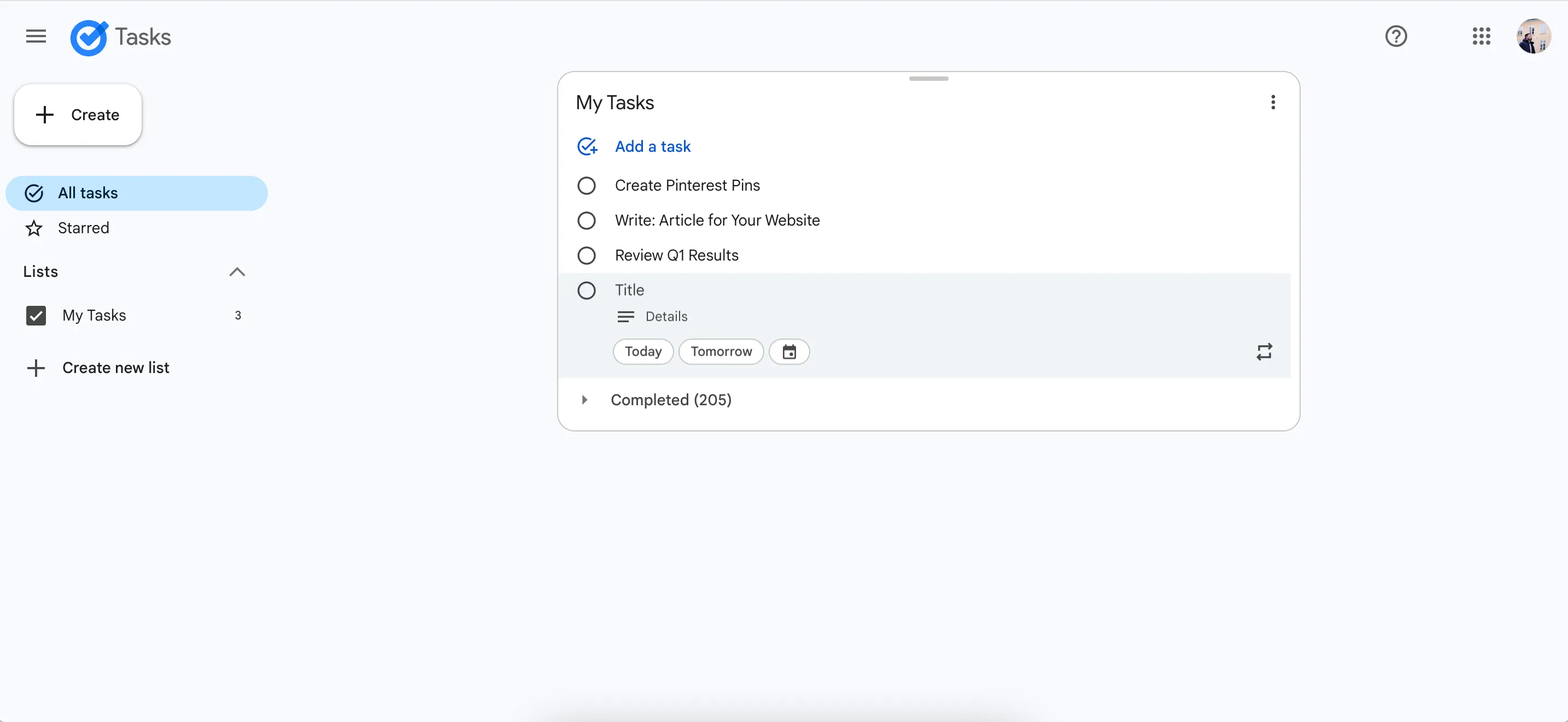 Giao diện ứng dụng Google Tasks trên trình duyệt web, hiển thị danh sách công việc hàng ngày với các tác vụ đơn giản và tùy chọn ngày đến hạn.