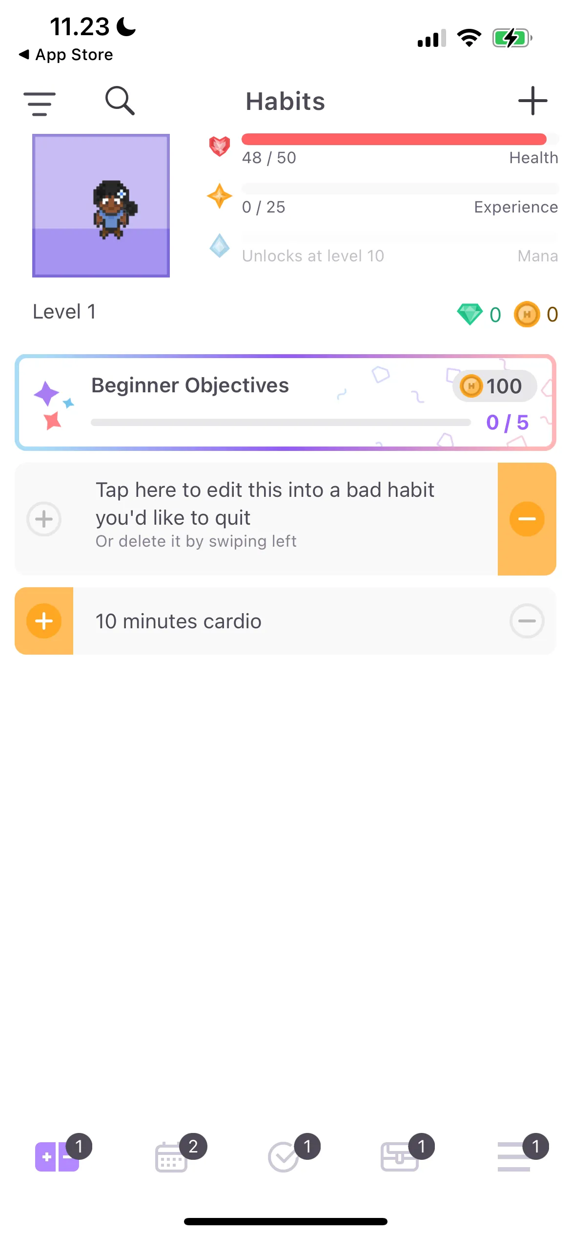 Giao diện ứng dụng Habitica với nhân vật game và danh sách nhiệm vụ hàng ngày