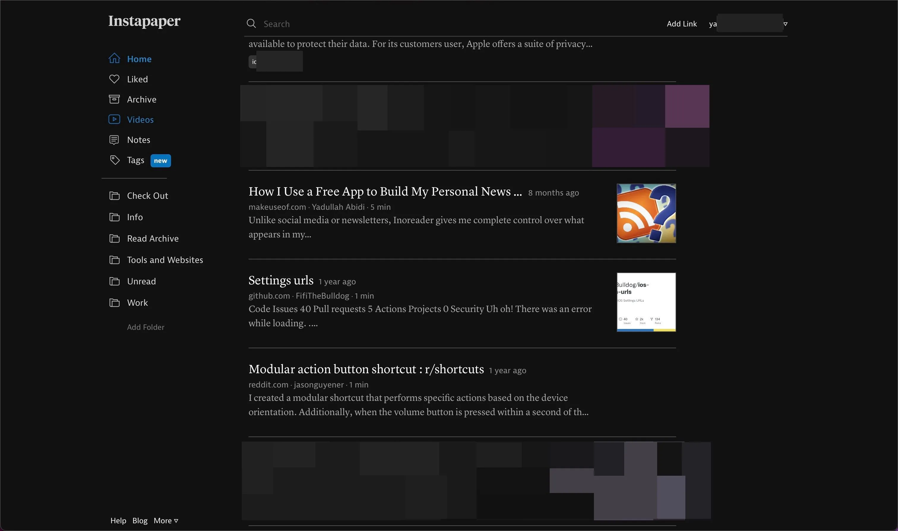 Giao diện ứng dụng Instapaper trên trình duyệt Safari của máy Mac, hiển thị danh sách bài viết đã lưu để đọc sau.