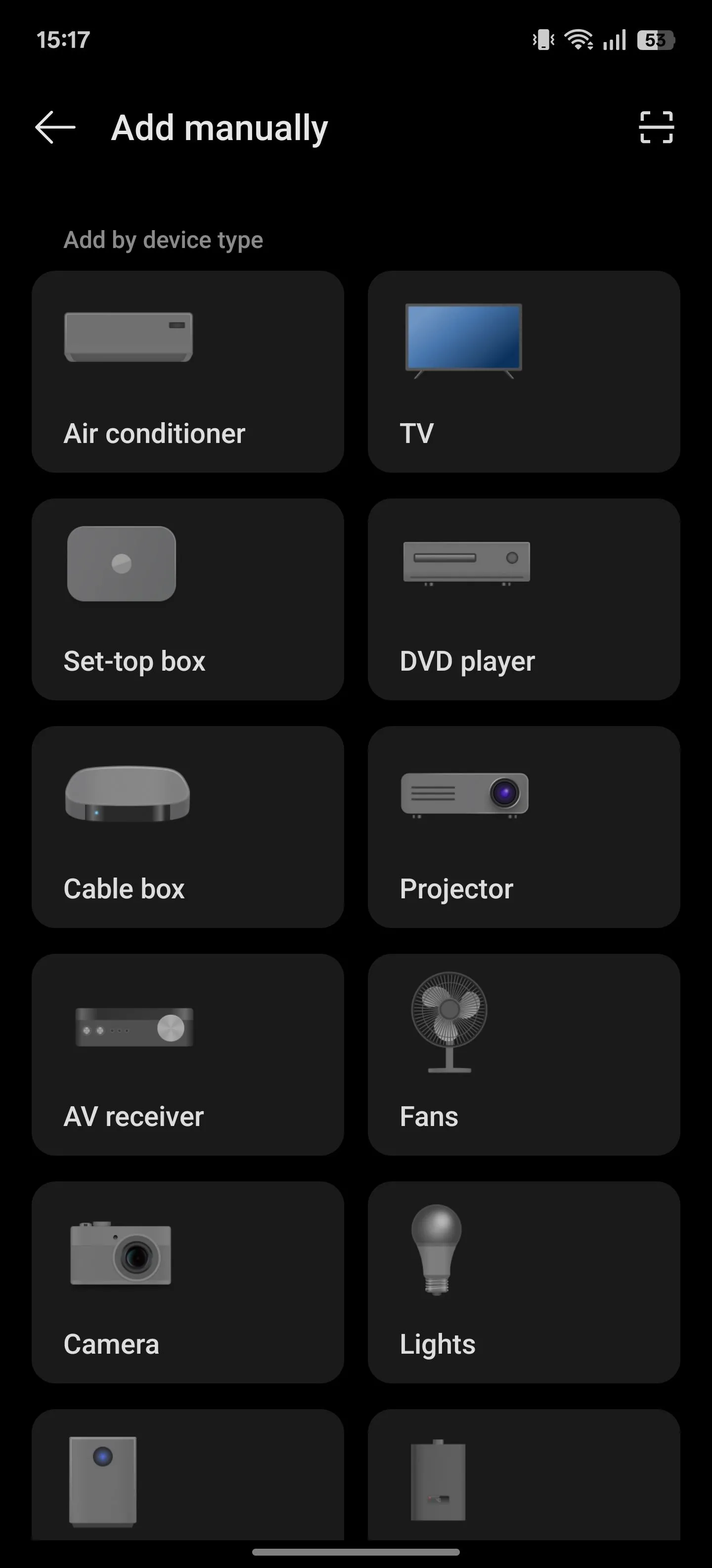 Giao diện ứng dụng IR Remote trên điện thoại OnePlus, hiển thị danh sách các loại thiết bị để người dùng lựa chọn thêm điều khiển.