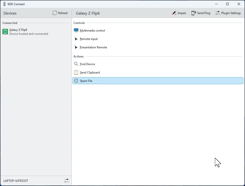 Giao diện ứng dụng KDE Connect đang hoạt động trên Windows 11, hiển thị các tùy chọn kết nối và điều khiển từ xa