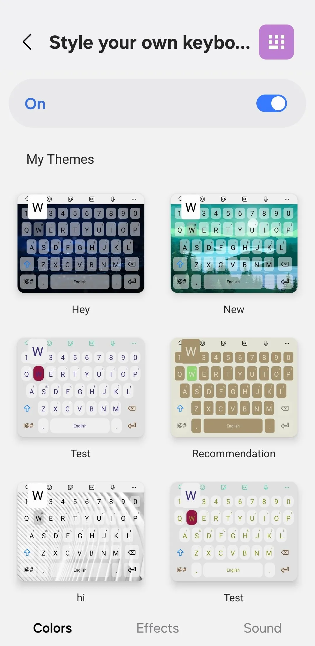 Giao diện ứng dụng Keys Cafe, tab Màu sắc, cho phép tùy chỉnh màu nền bàn phím Samsung