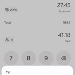 Giao diện ứng dụng máy tính Samsung hiển thị cách thêm phần trăm tiền boa và chia hóa đơn