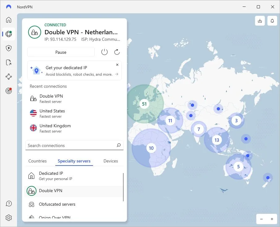 Giao diện ứng dụng NordVPN hiển thị tùy chọn Double VPN đã kích hoạt, minh họa tính năng kết nối VPN đa tầng.