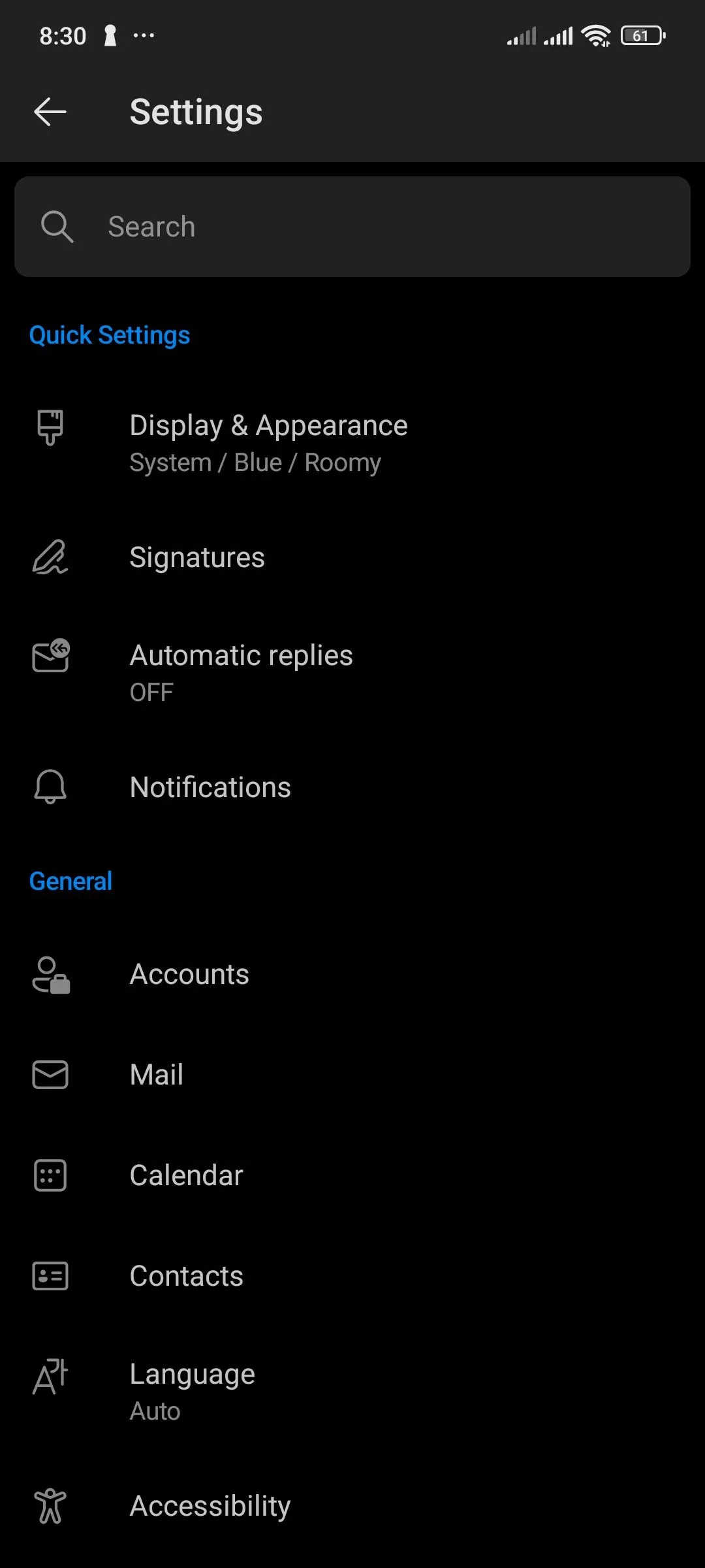 Giao diện ứng dụng Outlook trên Android hiển thị biểu tượng hồ sơ và tùy chọn Tài khoản để truy cập cài đặt.