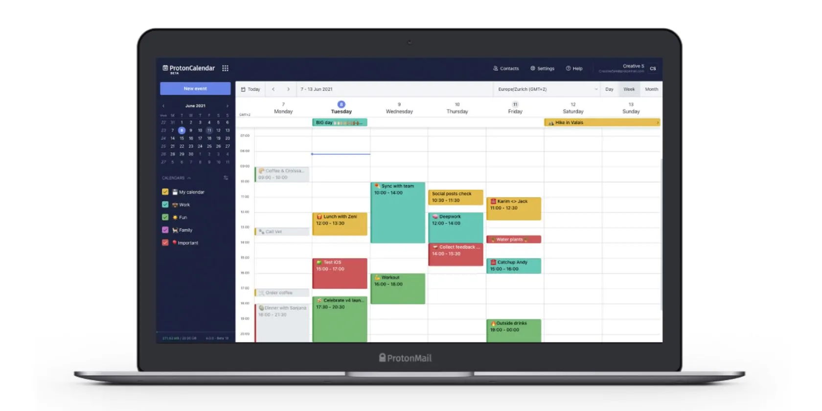 Giao diện ứng dụng Proton Calendar trên máy tính, hiển thị các khối thời gian và sự kiện đã lên lịch.