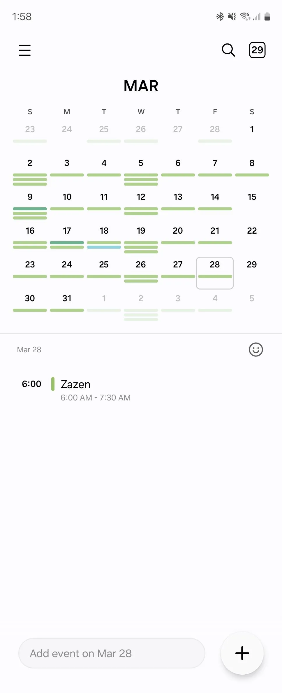 Giao diện ứng dụng Samsung Calendar với trường nhập liệu nhanh sự kiện ở cuối màn hình
