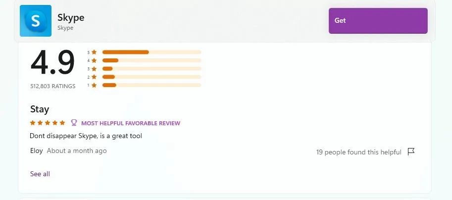 Giao diện ứng dụng Skype trên Microsoft Store hiển thị mức đánh giá cao 4.9 sao