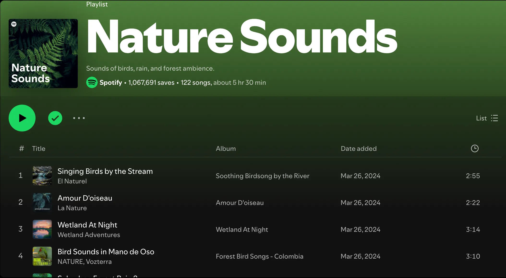 Giao diện ứng dụng Spotify trên điện thoại di động hiển thị playlist Nature Sounds, gợi ý nhạc nền thiên nhiên giúp thư giãn và tập trung.