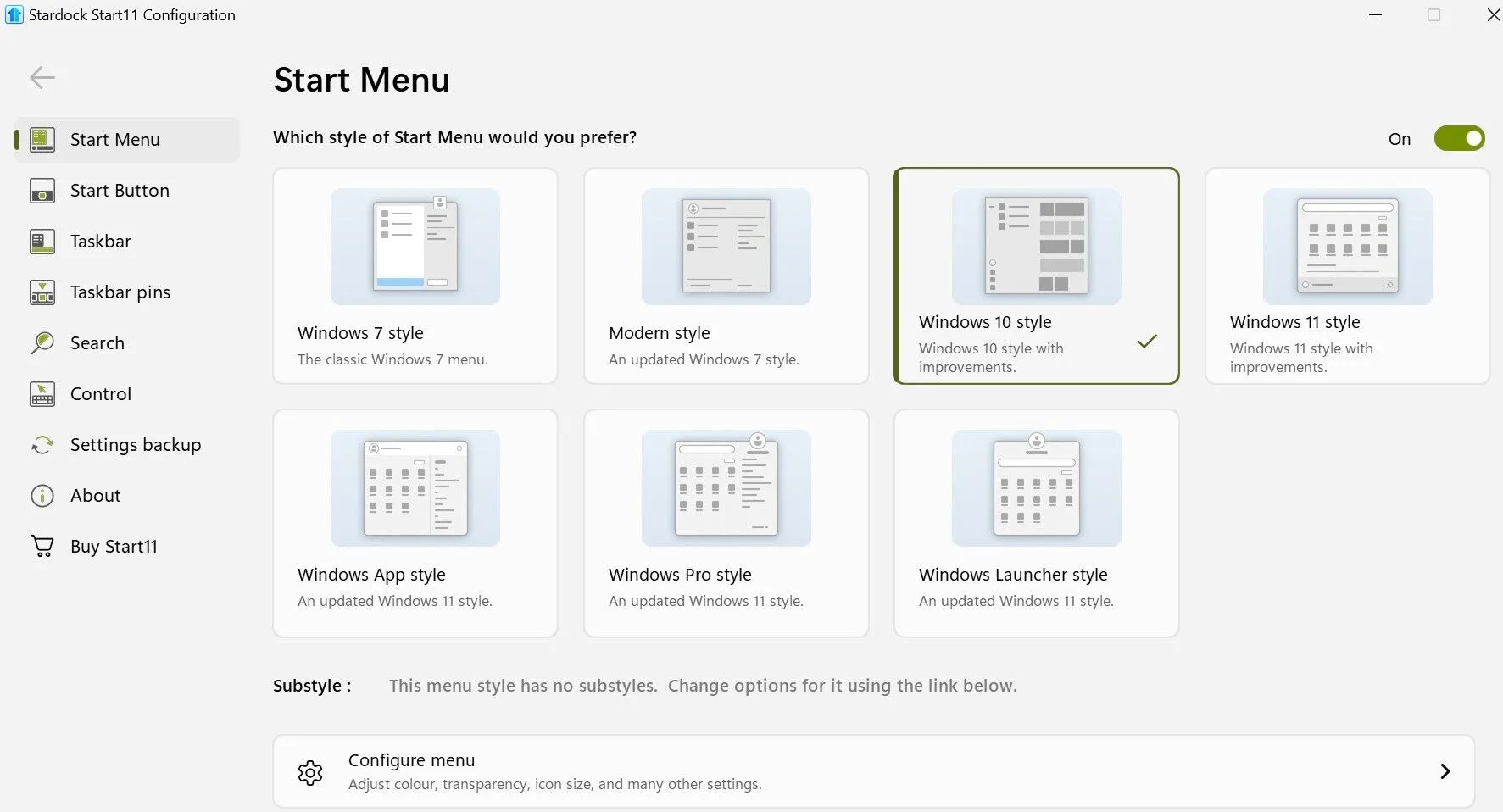 Giao diện ứng dụng Start11 hiển thị tùy chọn thay đổi kiểu Menu Start thành Windows 10 trên Windows 11.