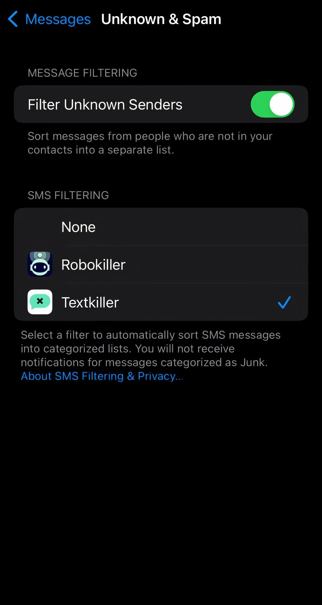 Giao diện ứng dụng TextKiller, một công cụ hữu ích để chặn tin nhắn rác và smishing