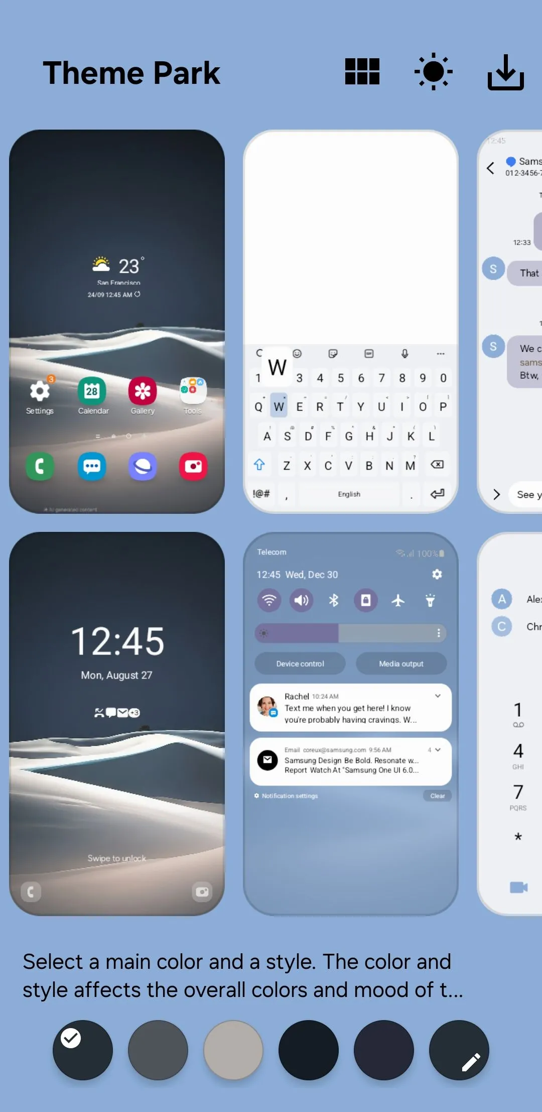 Giao diện ứng dụng Theme Park trên Samsung Galaxy, cho phép tạo chủ đề và tùy chỉnh màu sắc bảng Cài đặt nhanh