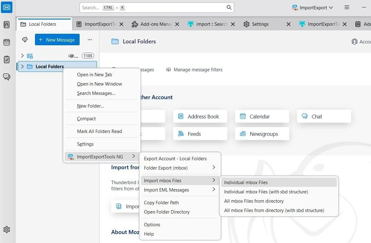 Giao diện ứng dụng Thunderbird với tùy chọn nhập tệp MBOX