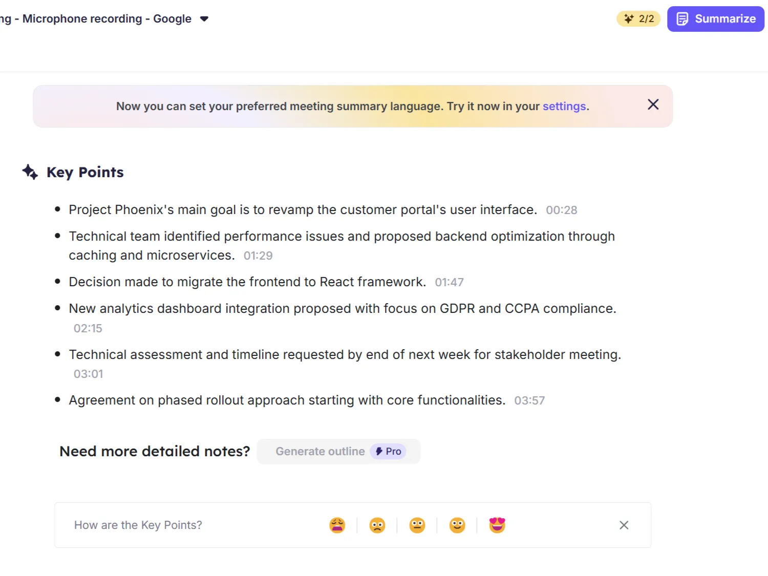 Giao diện ứng dụng web Krisp hiển thị bản tóm tắt cuộc họp dưới dạng các gạch đầu dòng chính, giúp nắm bắt thông tin nhanh chóng.