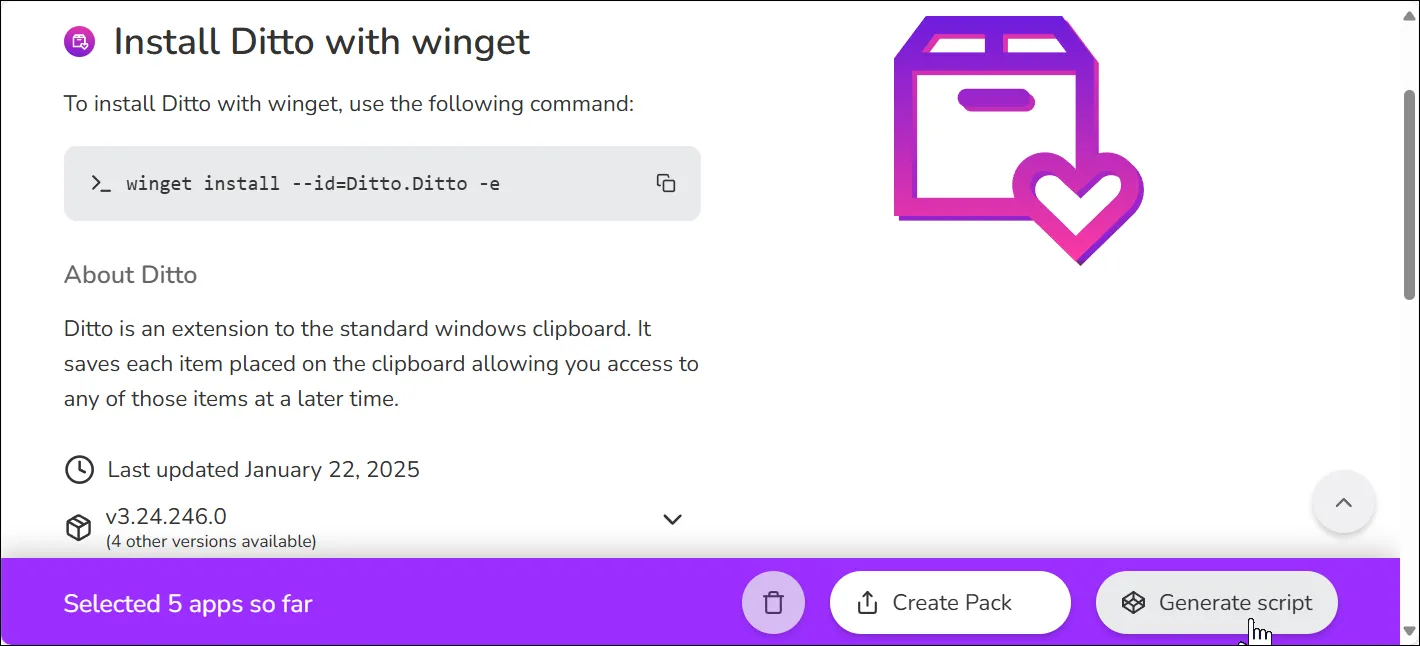 Giao diện ứng dụng web Winstall.app với các tùy chọn tạo gói và tạo script cài đặt hàng loạt ứng dụng Windows.