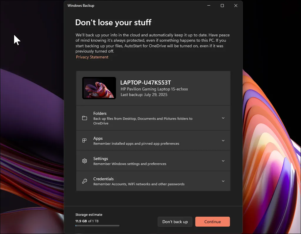 Giao diện ứng dụng Windows Backup trên Windows 11 hiển thị các tùy chọn sao lưu tệp và cài đặt hệ thống.