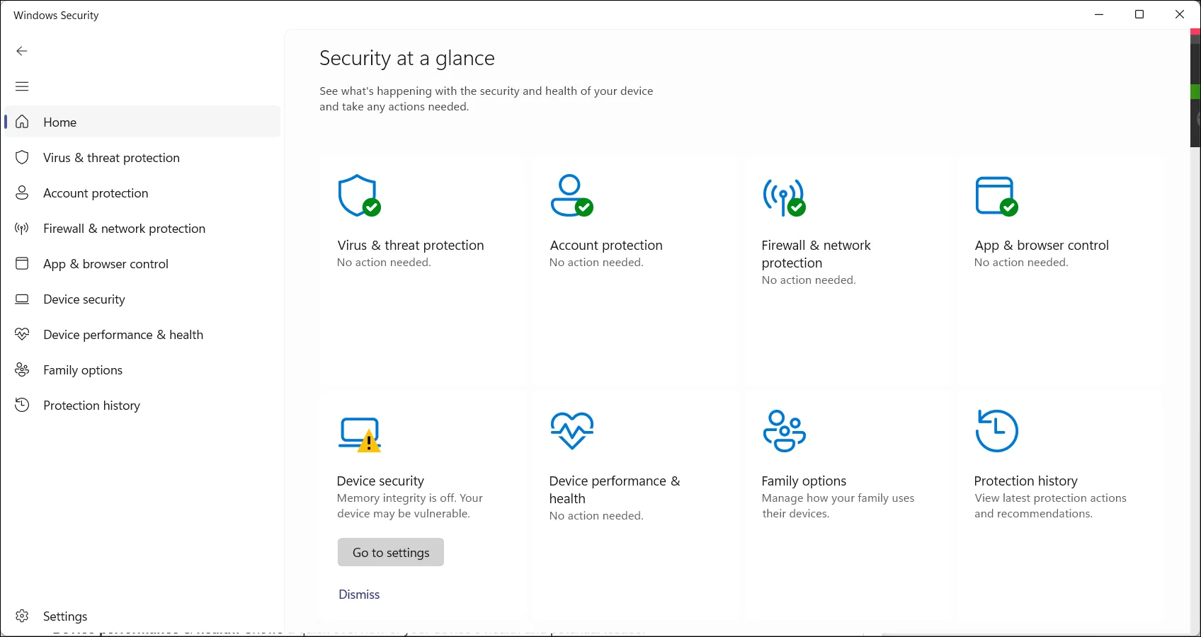 Giao diện ứng dụng Windows Security trên Windows 11, cho thấy các tính năng bảo mật tích hợp như chống virus và tường lửa.