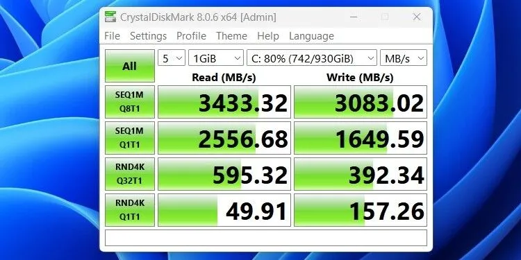 Giao diện và kết quả đo hiệu năng đọc ghi của SSD qua phần mềm CrystalDiskMark