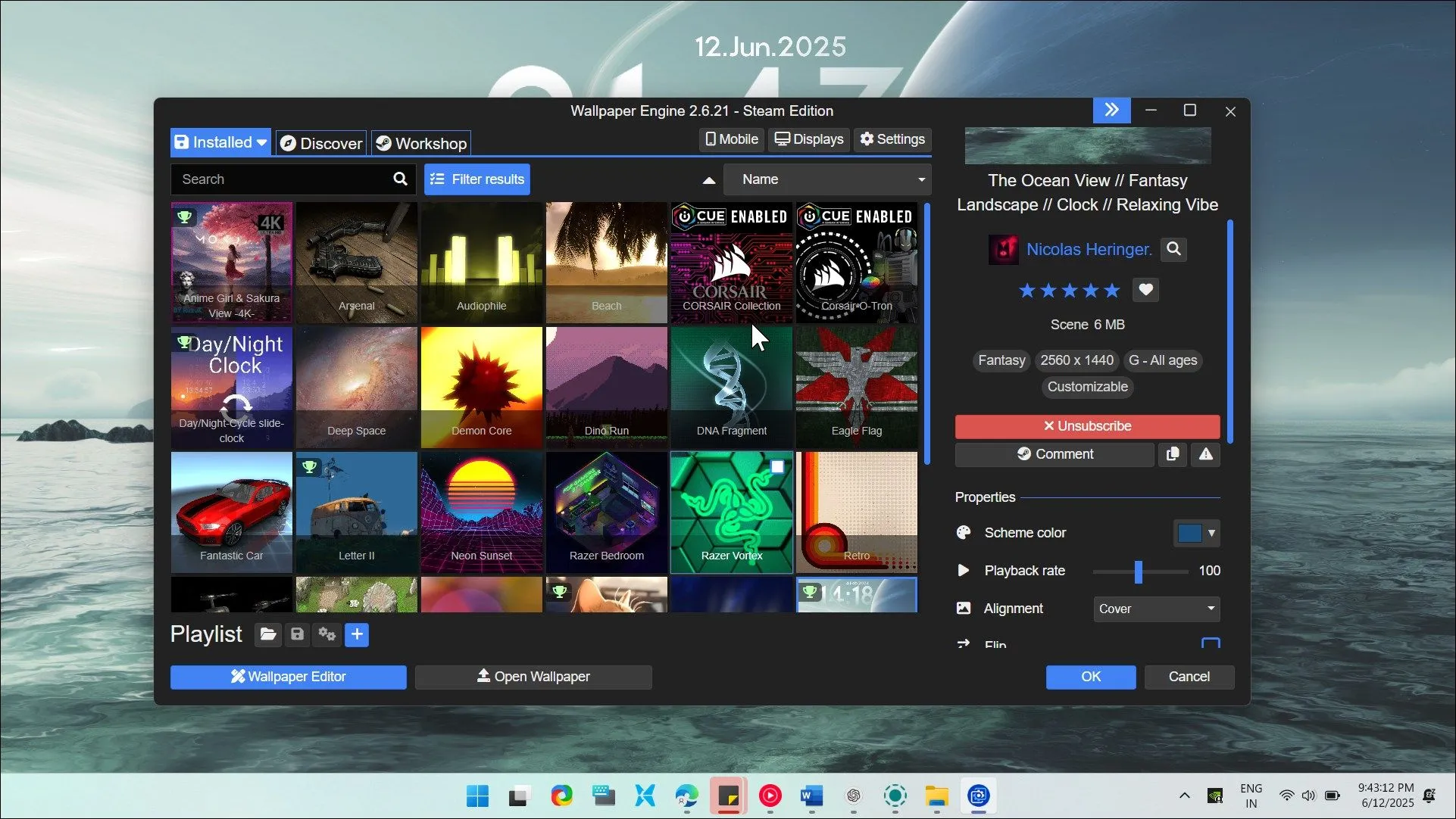 Giao diện Wallpaper Engine hoạt động trên Windows 11 với hình nền động ấn tượng