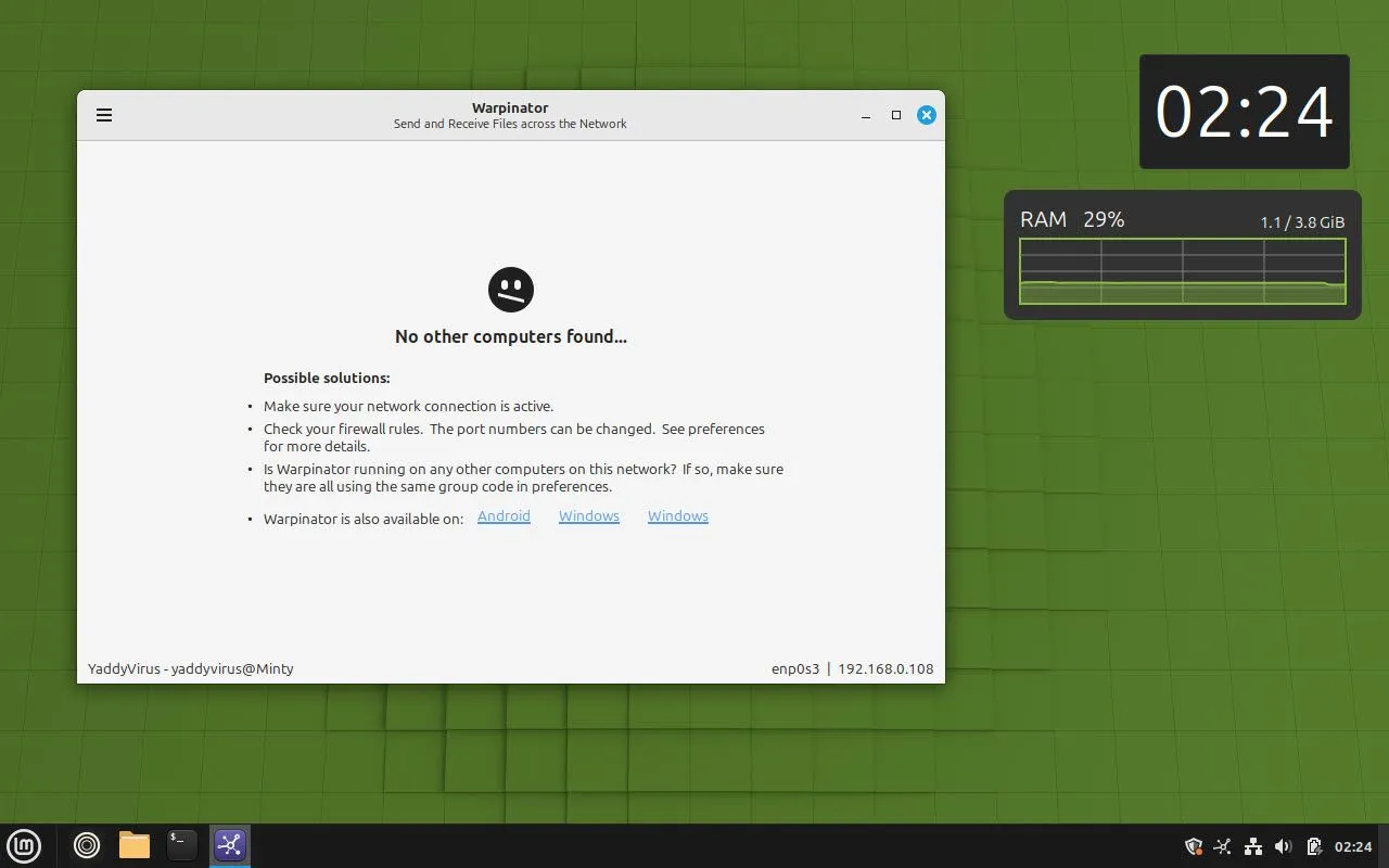 Giao diện Warpinator trên Linux Mint, minh họa công cụ chia sẻ tệp tin nội bộ nhanh chóng và tiện lợi