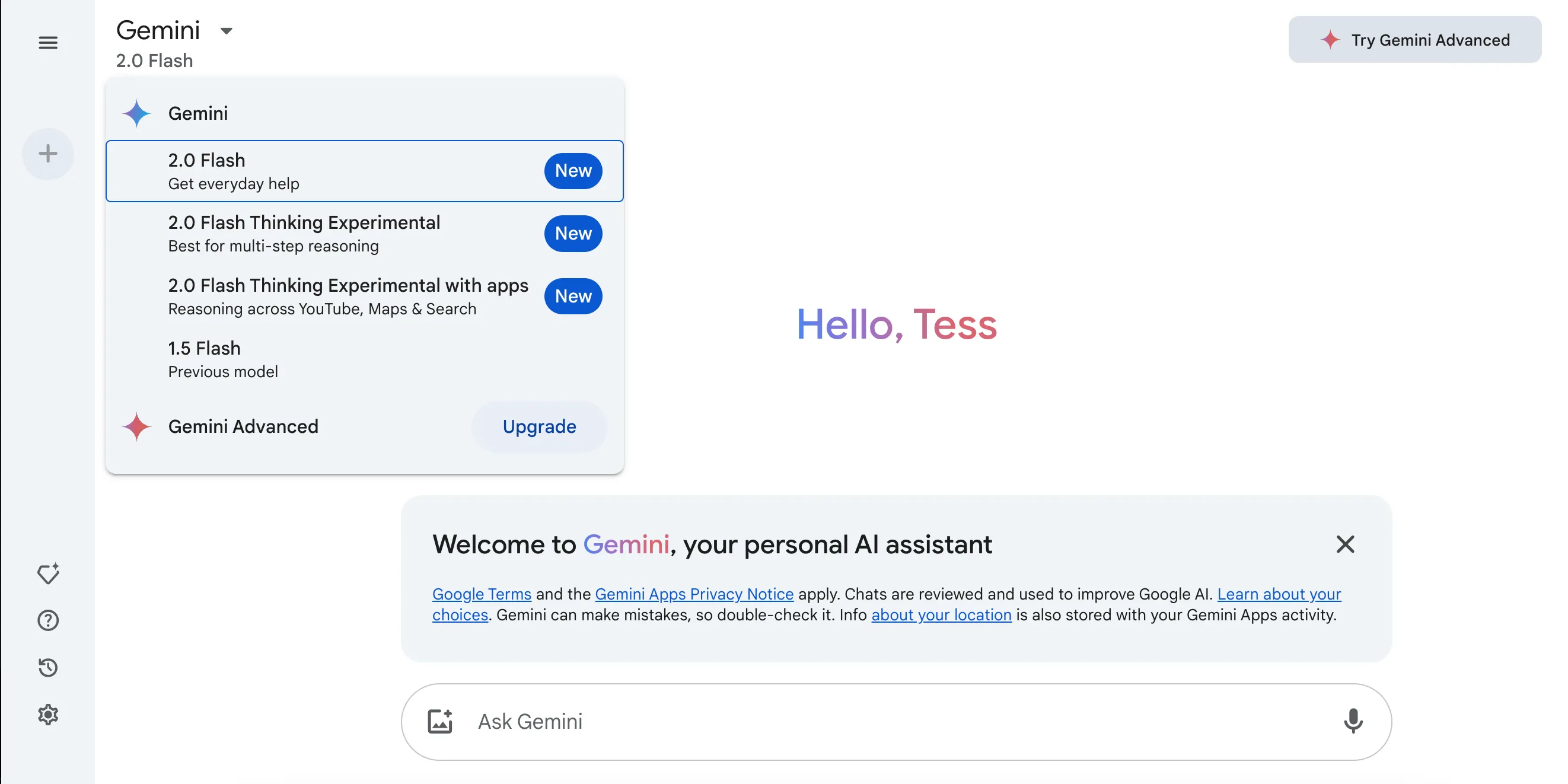 Giao diện web của ứng dụng Gemini với menu thả xuống lựa chọn mô hình AI, bao gồm Gemini 2.0 Flash.