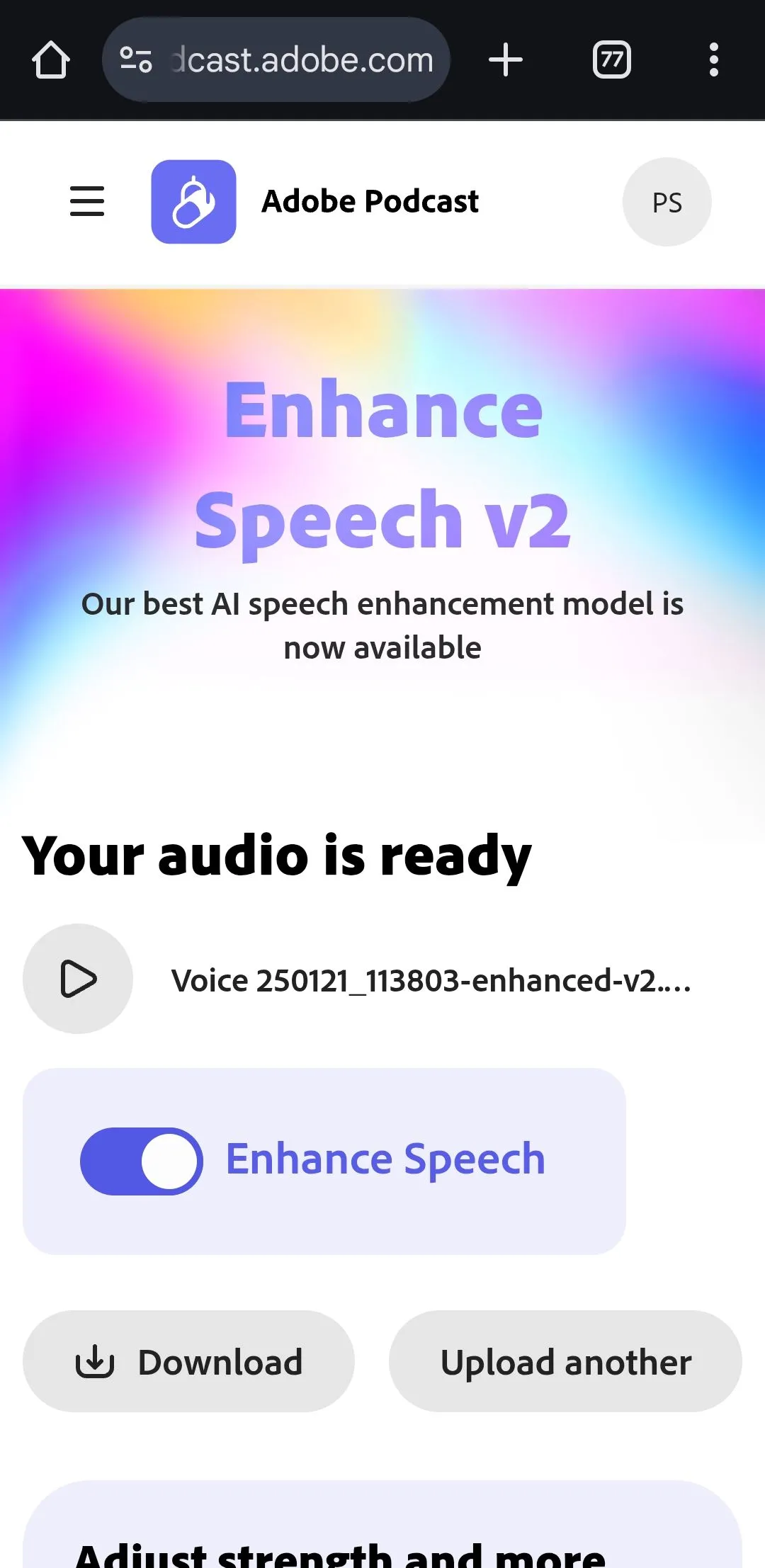 Giao diện website Adobe Enhance Speech trên trình duyệt Chrome Android, công cụ AI miễn phí giúp loại bỏ tạp âm và cải thiện chất lượng ghi âm