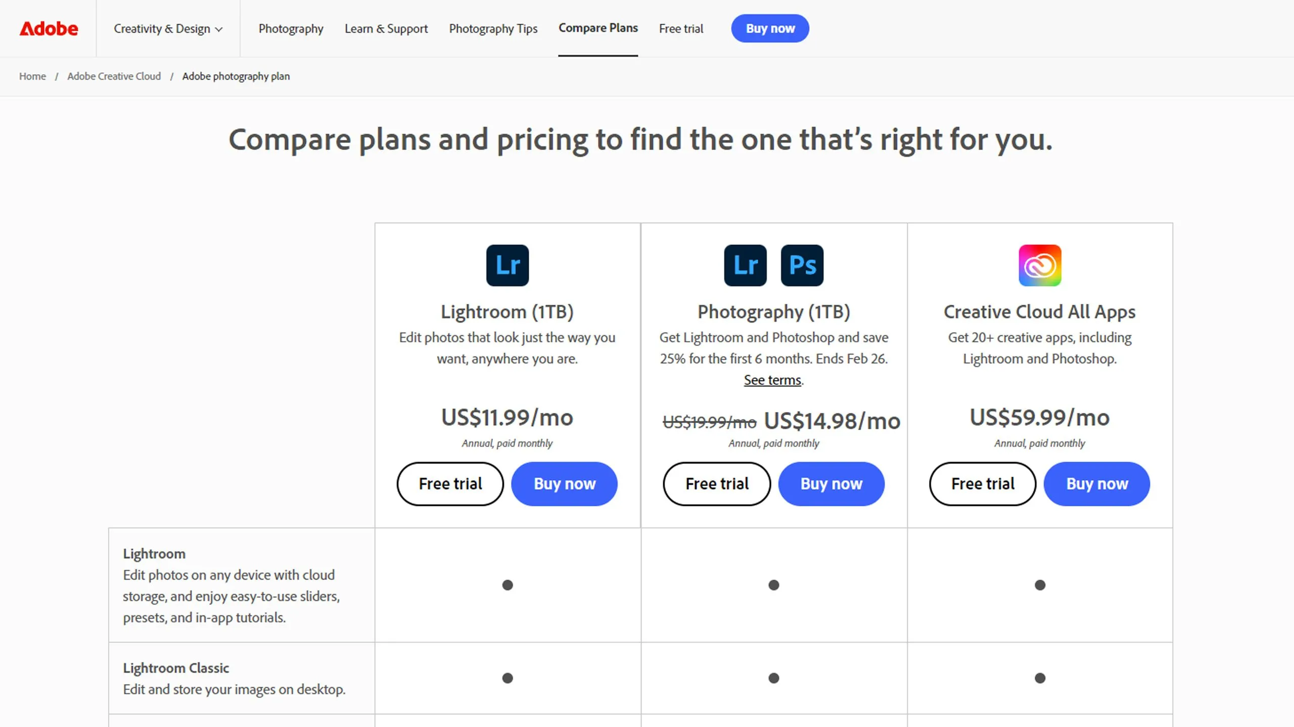 Giao diện website chính thức của Adobe giới thiệu gói Adobe Photography Plan
