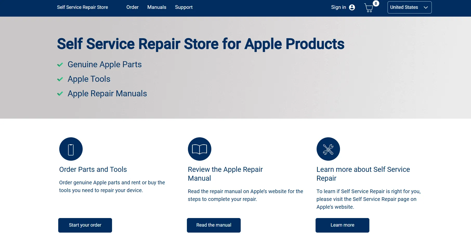 Giao diện website chương trình Tự sửa chữa của Apple, nơi cung cấp linh kiện và hướng dẫn sửa chữa chính hãng cho iPad.
