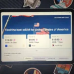 Giao diện website eSIM trên iPad với vali du lịch, thể hiện sự tiện lợi của eSIM cho các chuyến đi.