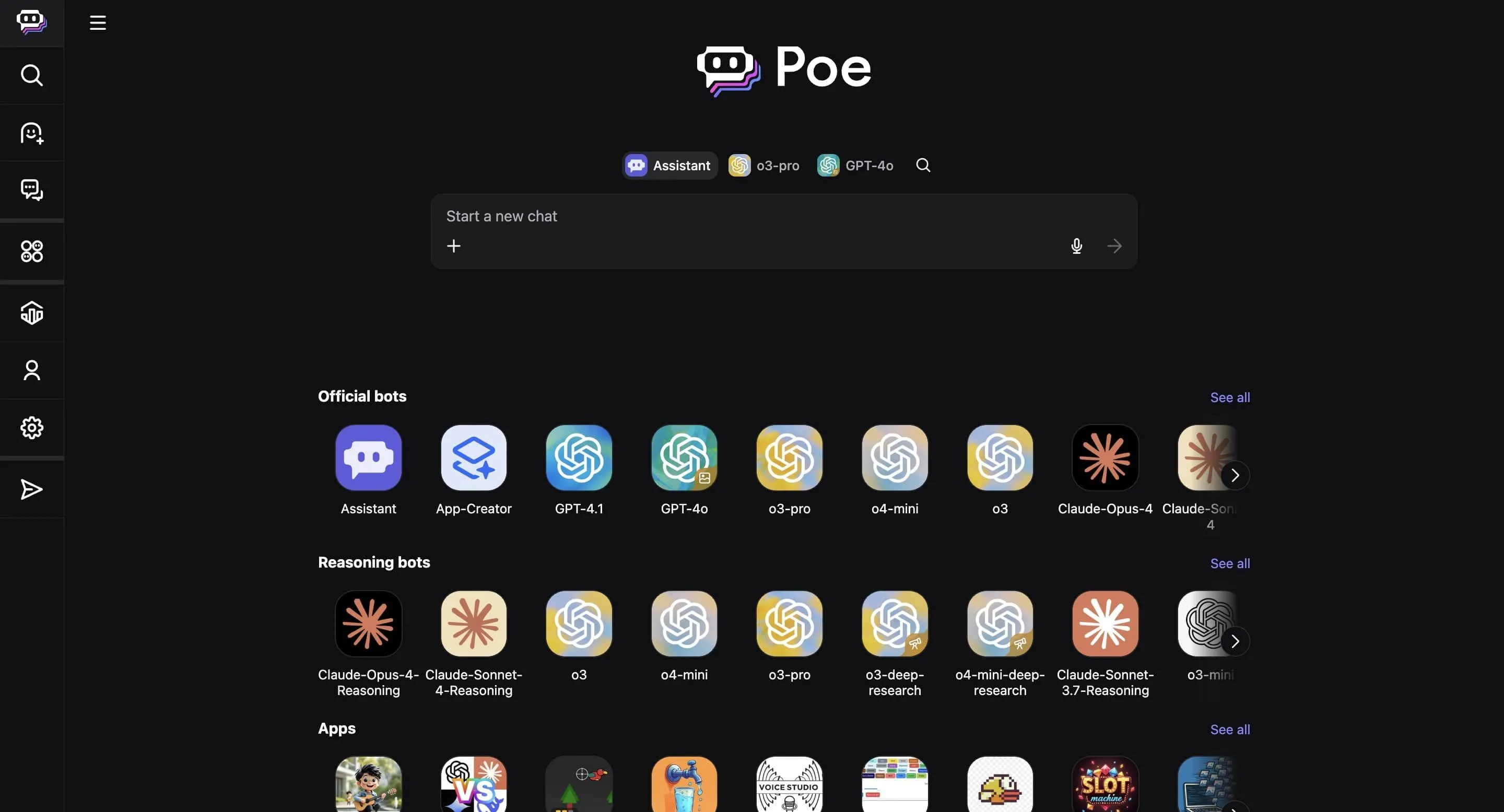 Giao diện website Poe AI trên máy tính hiển thị các mô hình chatbot đa dạng
