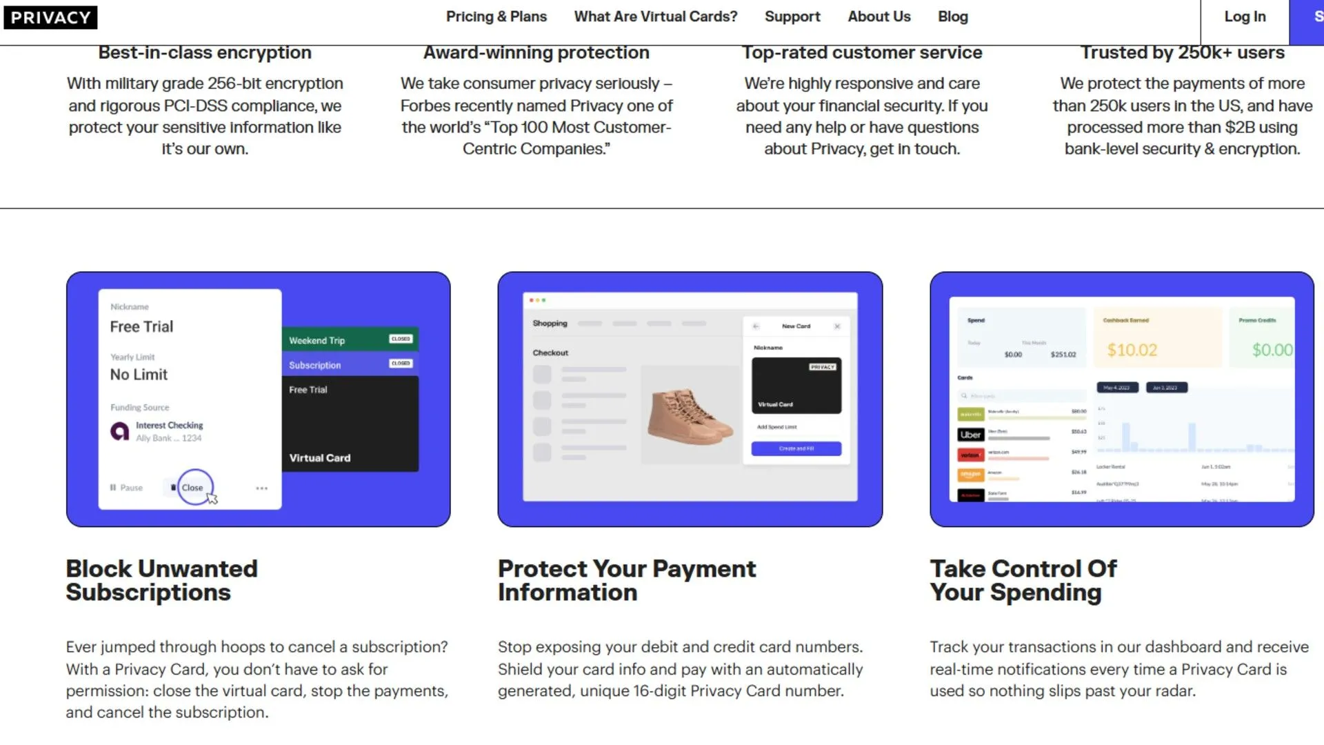 Giao diện website Privacy.com giới thiệu các lợi ích của thẻ ảo dùng một lần.