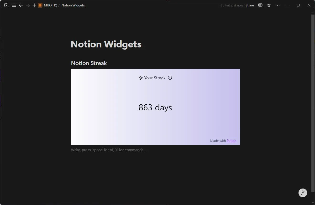 Giao diện widget Notion Streak hiển thị số ngày làm việc liên tục trên Notion