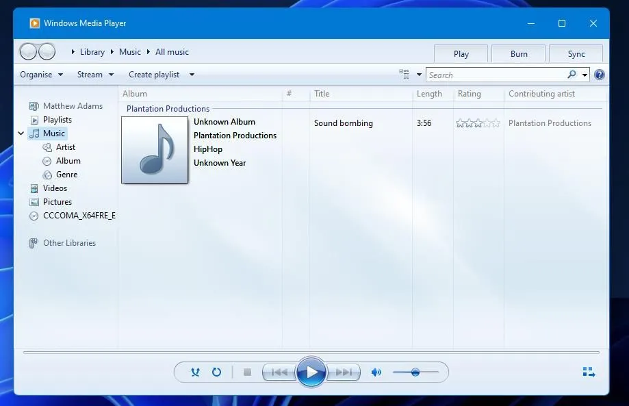 Giao diện Windows Media Player Legacy quen thuộc trên hệ điều hành Windows