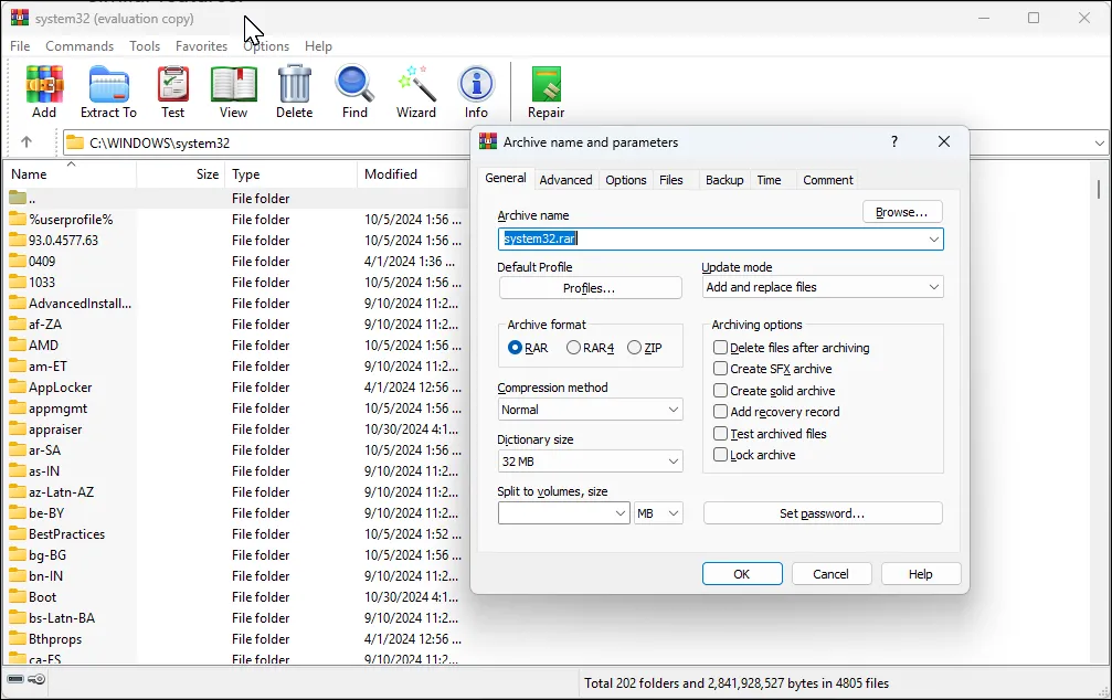 Giao diện WinRAR trên Windows 11 với hộp thoại Archive đang mở, hiển thị tùy chọn nén và bảo vệ tệp
