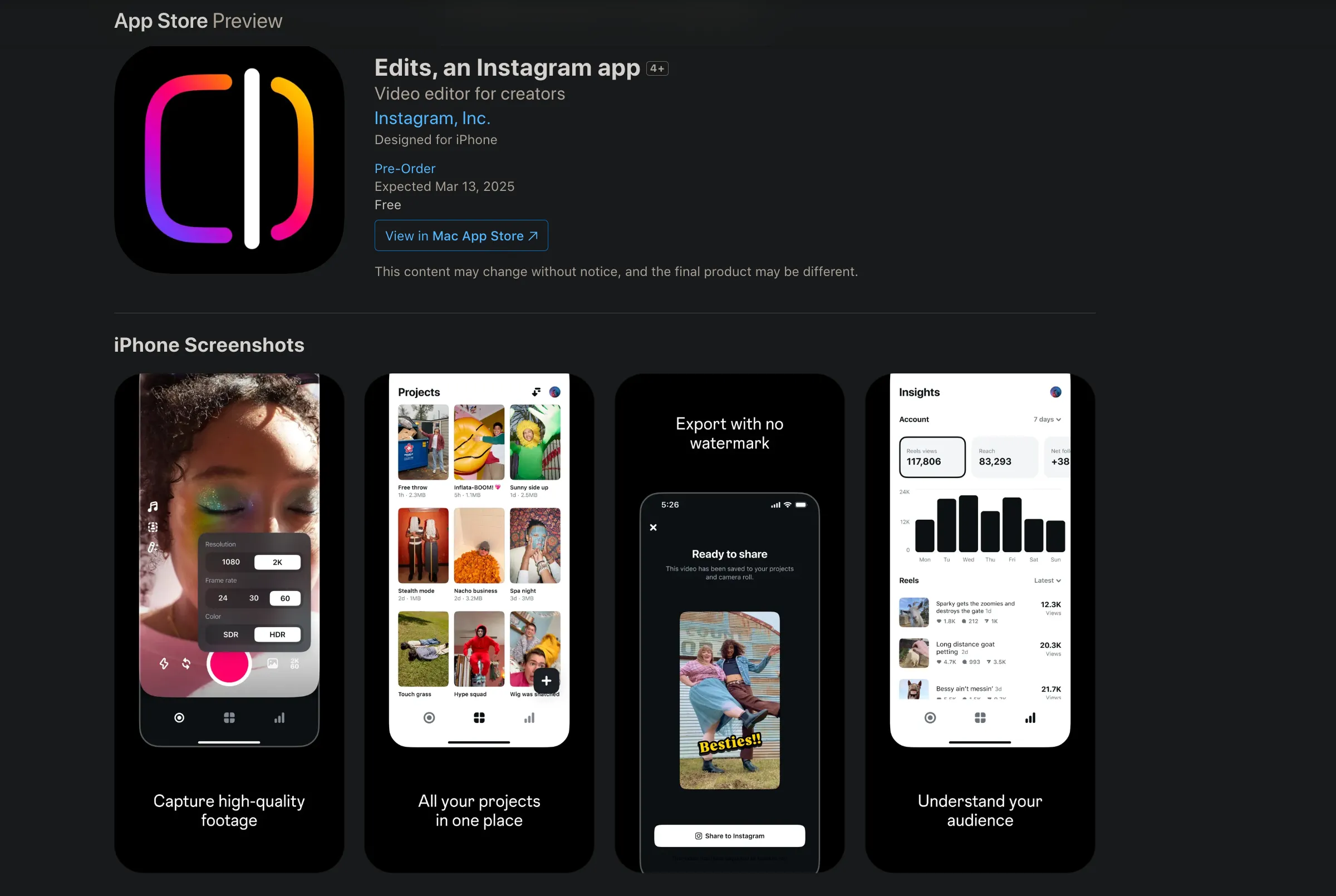 Giao diện xem trước ứng dụng Edits của Instagram trên App Store, hiển thị các tính năng chỉnh sửa video và công cụ sáng tạo