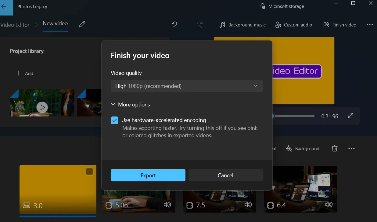 Giao Diện Xuất Video Với Lựa Chọn Độ Phân Giải Trong Photos Legacy Windows 11