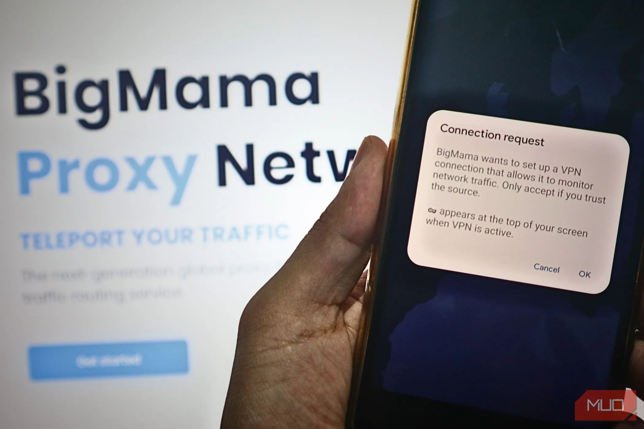 Giao diện yêu cầu kết nối của ứng dụng BigMama VPN miễn phí, tiềm ẩn rủi ro về quyền riêng tư cho người dùng.