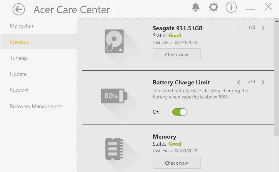 Giới hạn sạc pin trong ứng dụng Acer Care Center