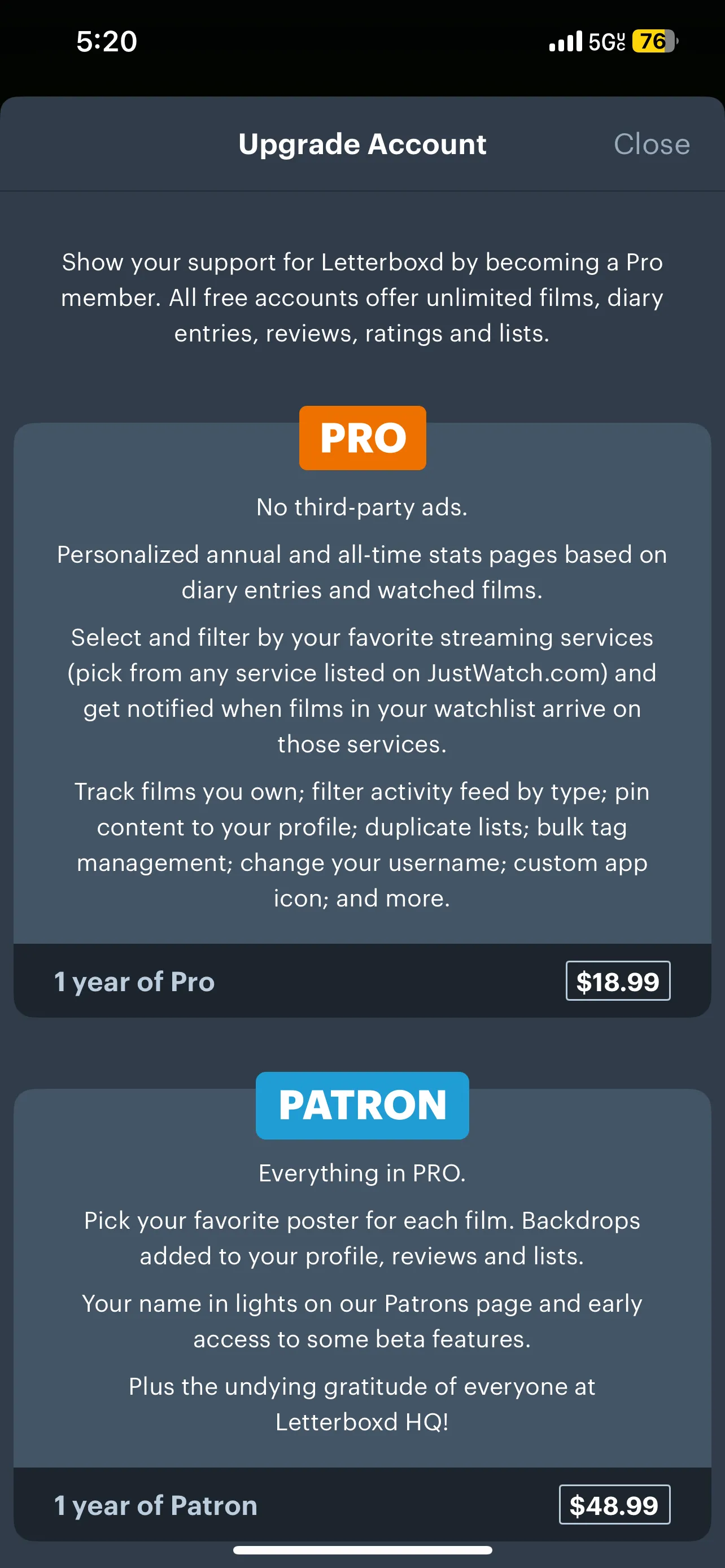 Gói đăng ký Letterboxd PRO và Patron với các tính năng bổ sung